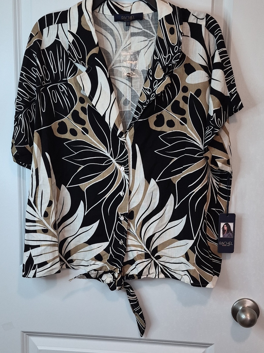 RACHEL Rachel Roy Black Cream Tropical Tie-Front Button Down Shirt